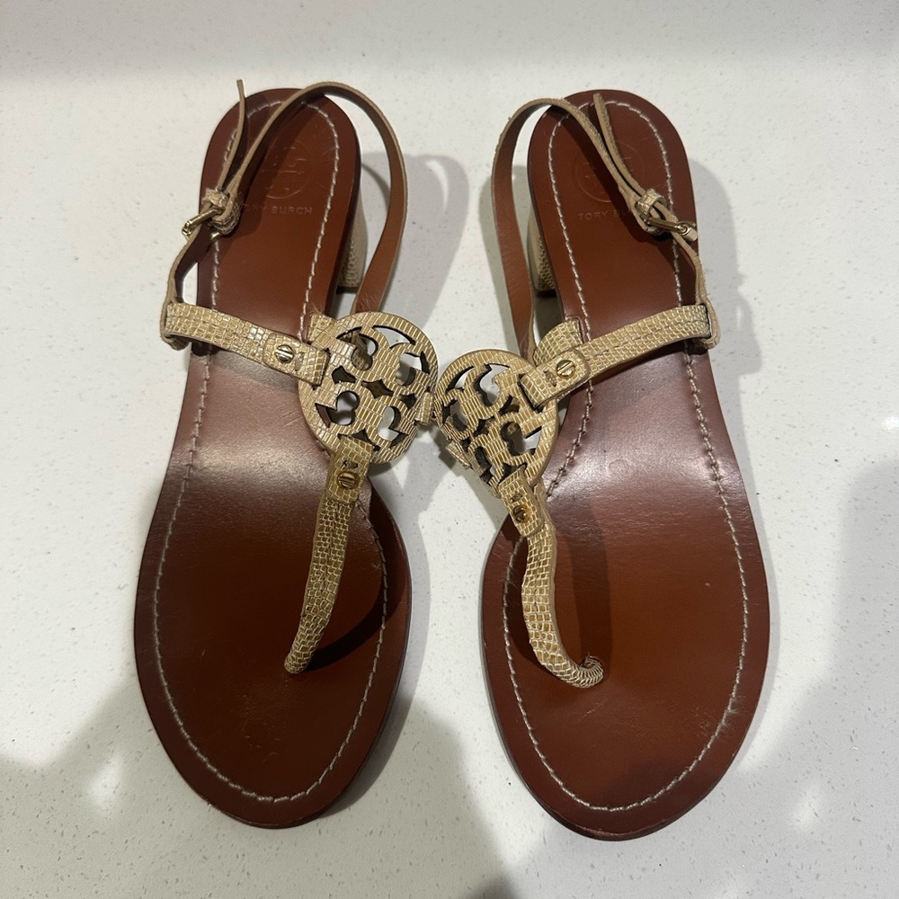 Tory Burch Tan Heels with Gold Details
